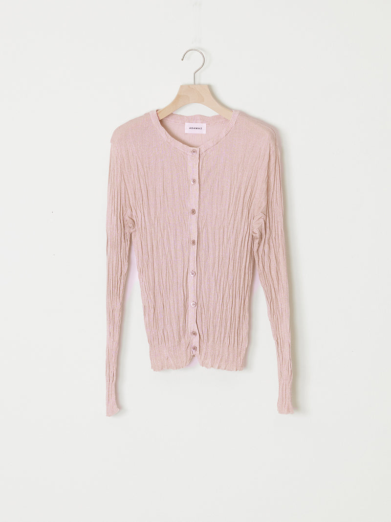 PLEATED KNIT ROUND NECK CARDIGAN