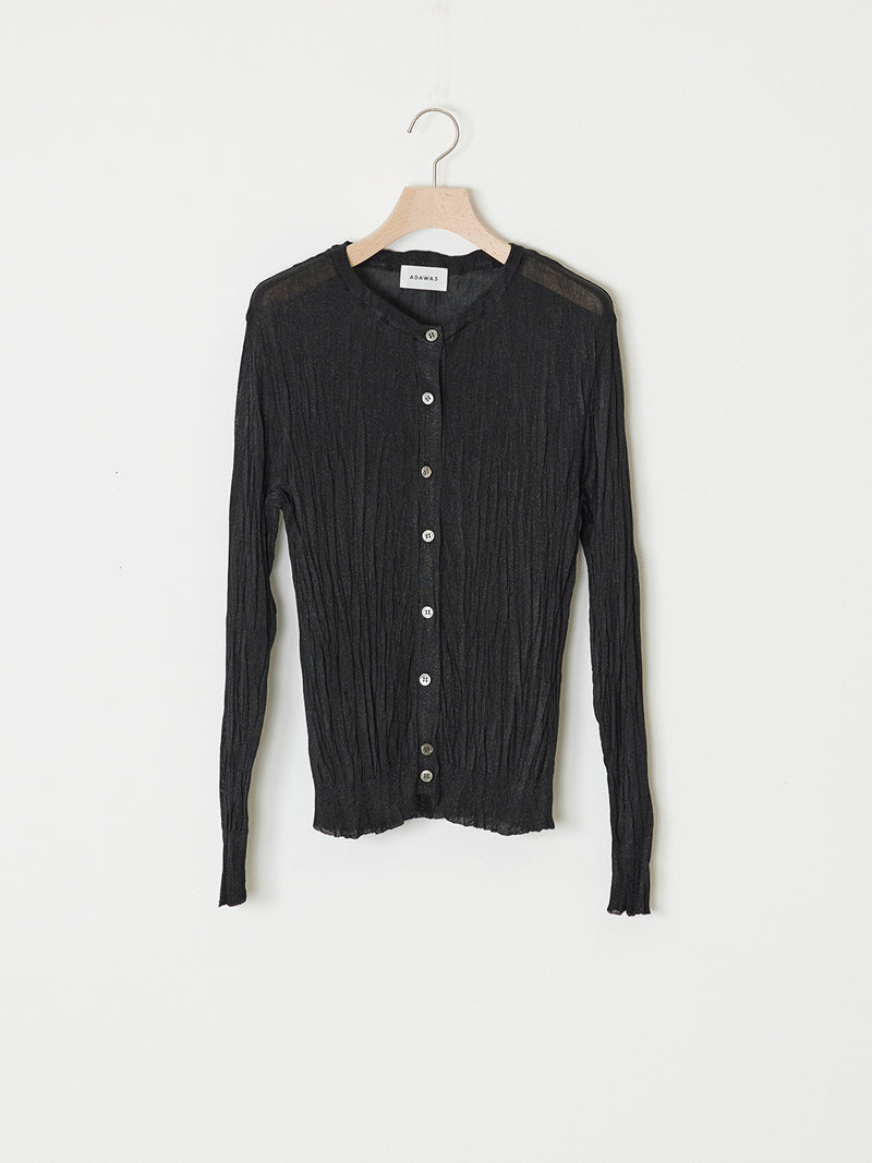 PLEATED KNIT ROUND NECK CARDIGAN
