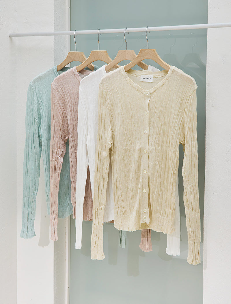 PLEATED KNIT ROUND NECK CARDIGAN